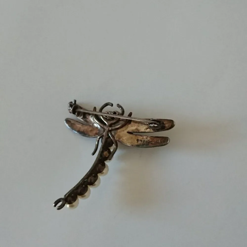 Silver & pearl with black crystal dragonfly brooch